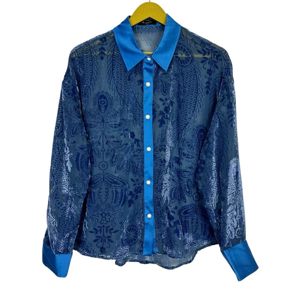 Y2K Meritt Velvet Burnout Satin Button Up Top Small Paisley Blue Long Sleeve VTG - Picture 1 of 8